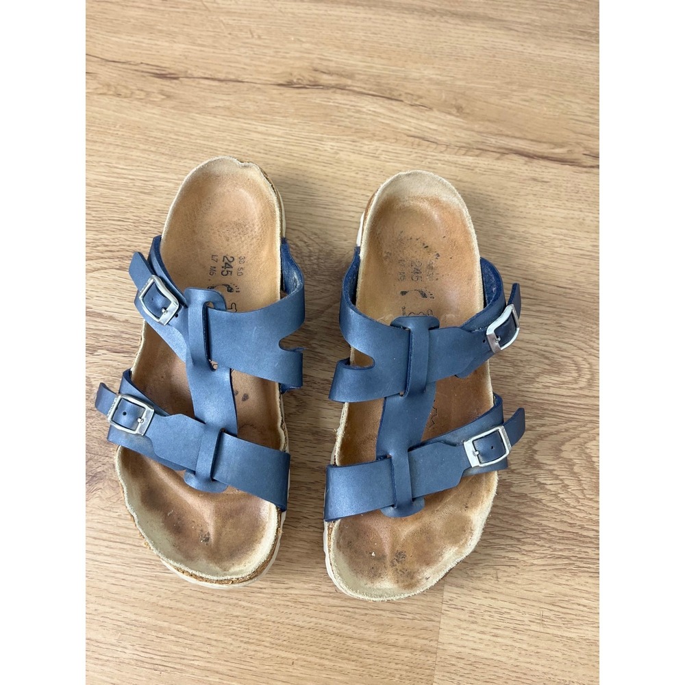 Birki's Salina Boho Slide Sandals Women 38 L7 Navy Blue Multi Strap Cork Footbed
